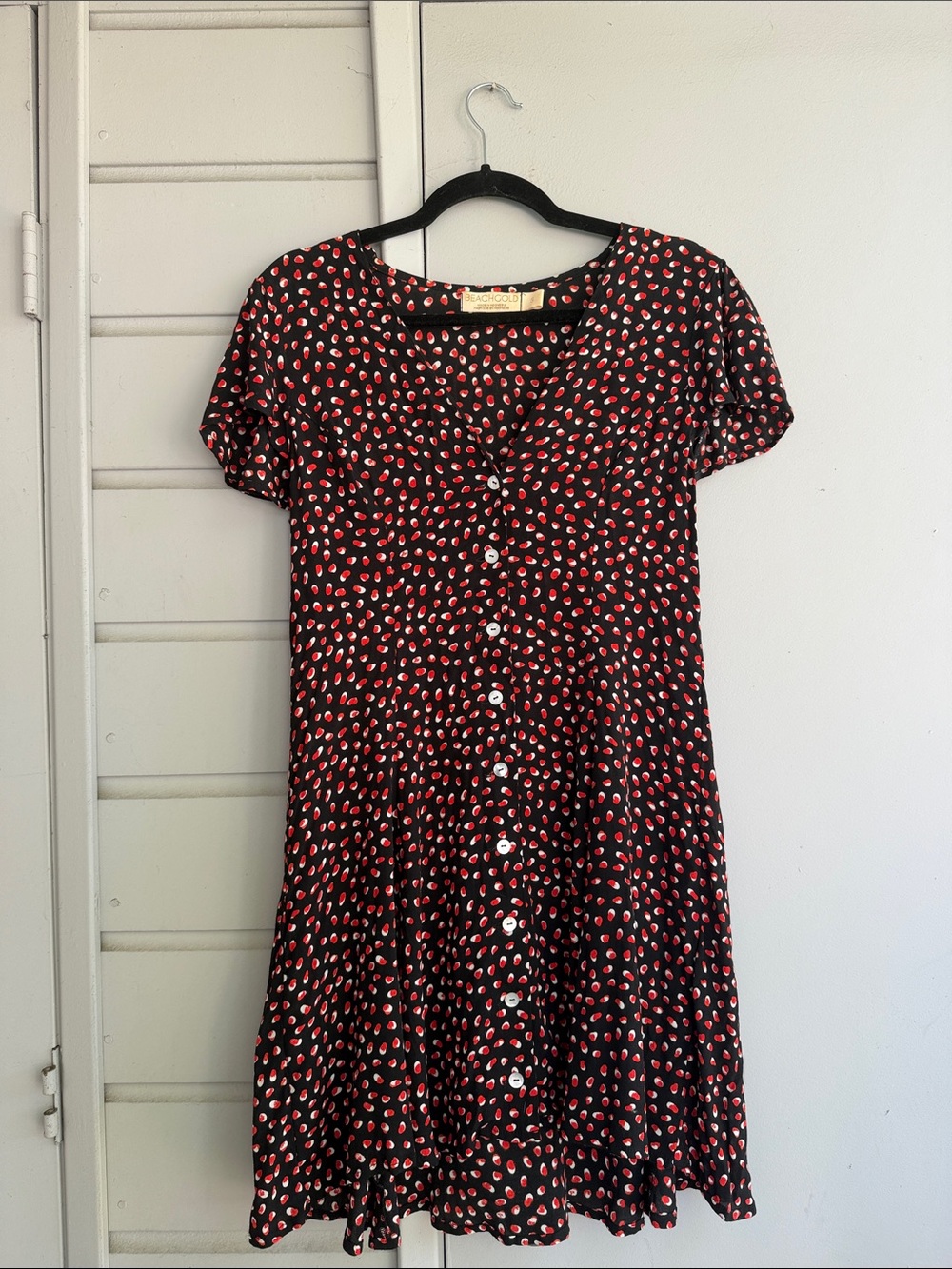 BEACHGOLD Black Mini Dress with Red and Cream Dot Print